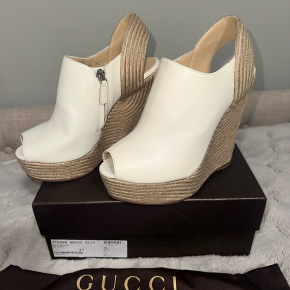 Gucci Charlotte peep-toe wedge espadrille slingback sandals Size 7 | 37 IT